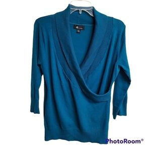 AB Studio Faux Wrap V-neckline Blue-Green 3/4 Sleeve Knit Sweater Top Size M